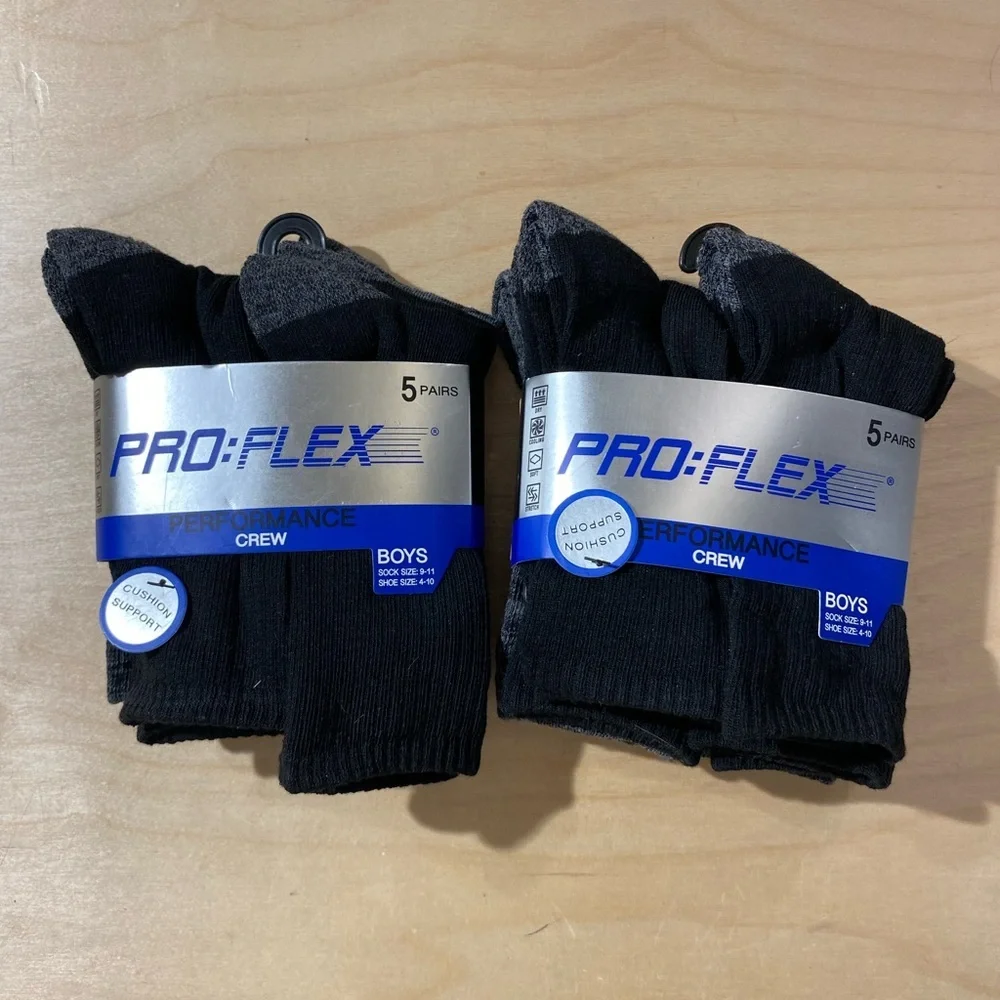 2 Pro:Flex Black Crew Socks for Boys- 5 Pairs sock size 9-11 Shoe Size 4-10 (OC)